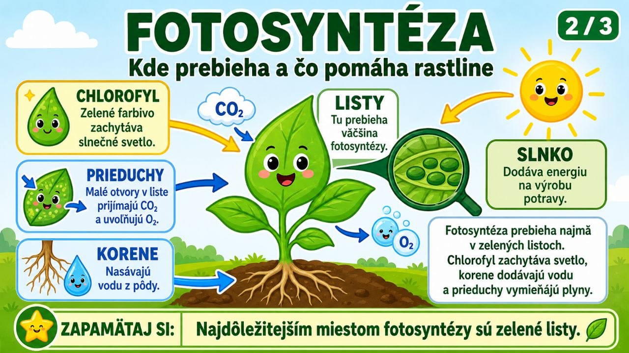 Fotosyntéza 2/3 — Kde prebieha a čo pomáha rastline (chlorofyl, prieduchy, korene, listy, slnko)